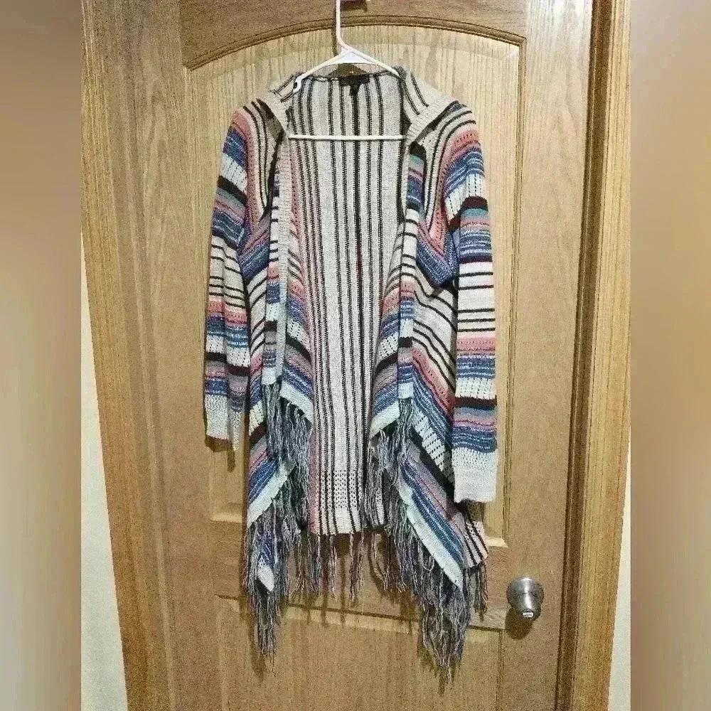 Myth size 1X multicolor cardigan eyelash hem hooded boho chic